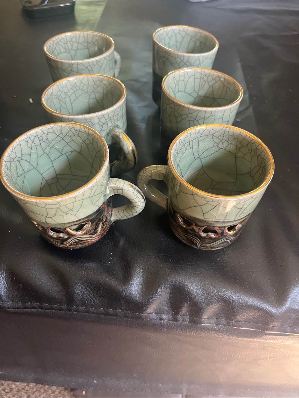 Celadon Green Crackle Ceramic Cups - Set of 6